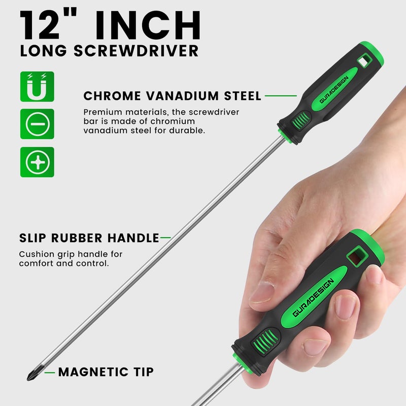GURADESIGN 4-Piece 12" Long Screwdriver Set Slotted and Phillips, Long & Short Magnetic Screwdriver Set - Image 4