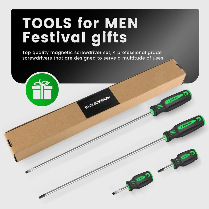 GURADESIGN 4-Piece 12" Long Screwdriver Set Slotted and Phillips, Long & Short Magnetic Screwdriver Set - Image 3