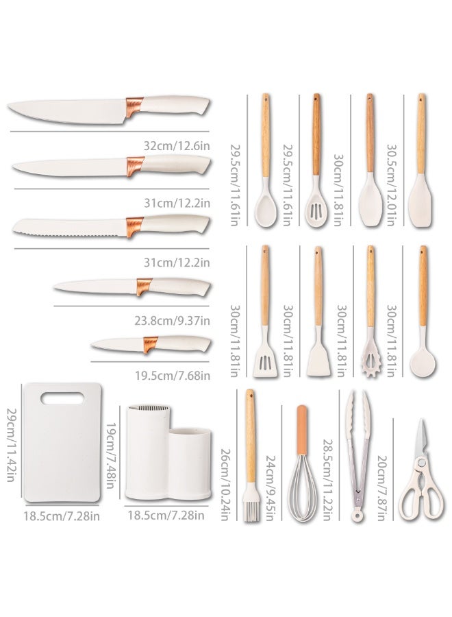 طقم سكاكين مطبخ وأدوات سيليكون من 19 قطعة مع حامل تخزين مزدوج - شفرات من الفولاذ المقاوم للصدأ، أدوات مقاومة للحرارة، طقم طبخ عصري - Image 3