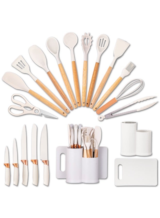 طقم سكاكين مطبخ وأدوات سيليكون من 19 قطعة مع حامل تخزين مزدوج - شفرات من الفولاذ المقاوم للصدأ، أدوات مقاومة للحرارة، طقم طبخ عصري - Image 1