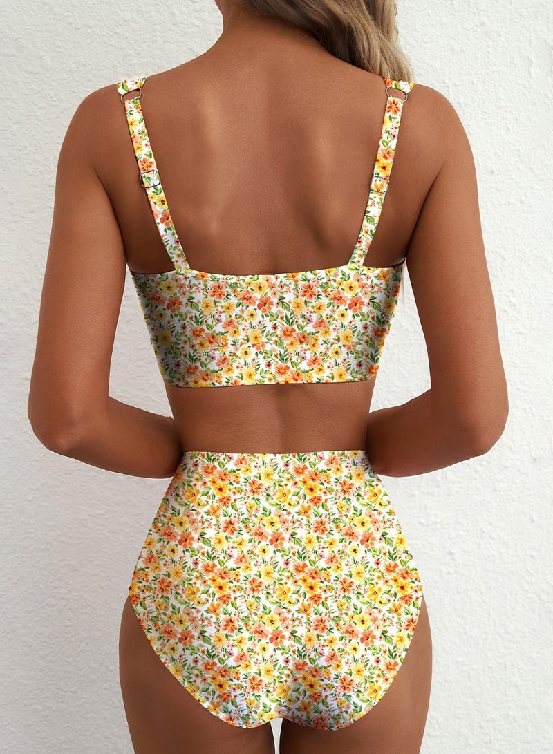 Herseas Women's High Waisted Two Piece Bikini Sets U Wire Cutout Floral Print Swim Suit Removable Padded Wire Free V Neck Bathing Suits Modest Cruise Essentials Outfits Yellow Green Floral Small - Image 4