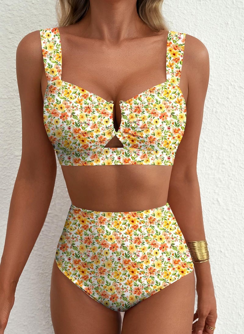 Herseas Women's High Waisted Two Piece Bikini Sets U Wire Cutout Floral Print Swim Suit Removable Padded Wire Free V Neck Bathing Suits Modest Cruise Essentials Outfits Yellow Green Floral Small - Image 3