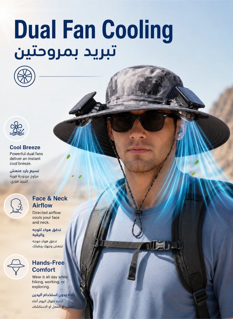 fdsport Solar Fan Hat,with 2 Solar Powered Fans,Outdoor Summer UV Hiking Camping Fishing Hat,Solar & USB Charging Wide Brim Solar Fan Hats for Men Women- UPF 50+ Hat  Removable & USB Charging Fan - Image 2