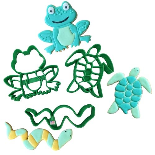 Heart's Treasure FROG COOKIE CUTTER WITH SNAKE AND TURTLE Detailed Sea Turtle Tortoise Frog Toad Snake Serpent Reptile Outline Cookie Cutters For Spring Earth Day Easter Baby Shower Birthday Graduation (3 Pack) - Image 1