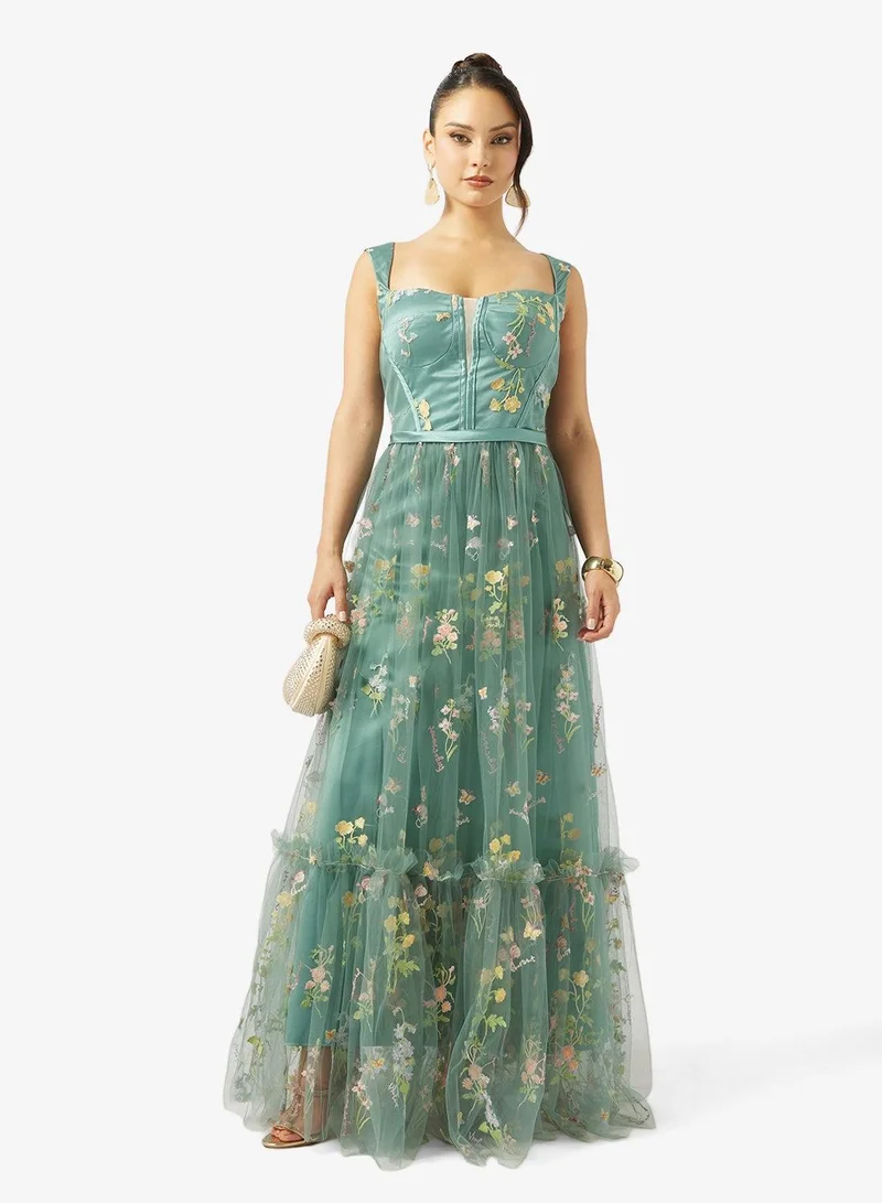 Ginger Boutique  Floral Embellished Corset Bodice Tulle Gown for Women | Best Price UAE