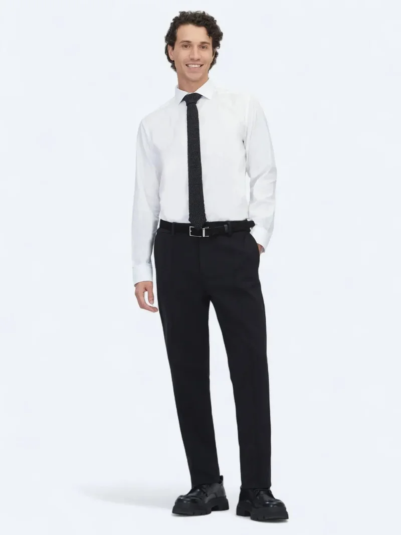 Kip Black Weaving Straight Fit Casual Cotton Blended Trousers