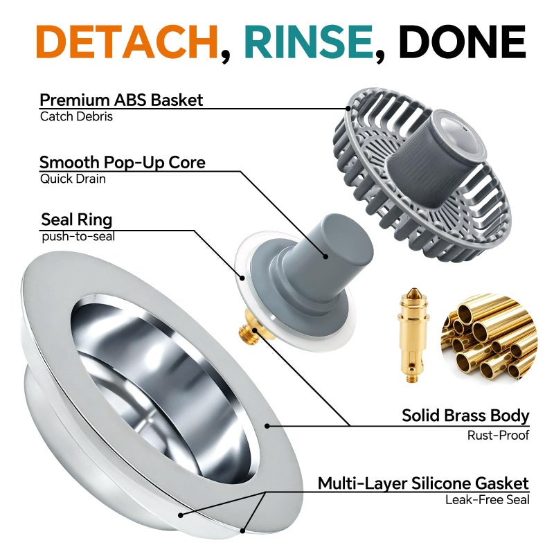 Blazeavian Solid Brass Body 3-in-1 Kitchen Sink Drain Strainer & Stopper, Heavy Duty Pop Up Plug Assembly with 2 Baskets, Anti-Clog Replacement for US Standard 3-1/2 Inch Drains, Rust-Proof Silver - Image 5