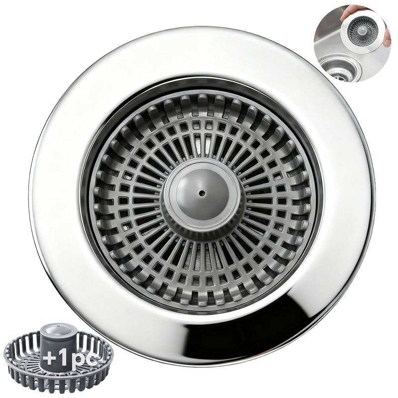 Blazeavian Solid Brass Body 3-in-1 Kitchen Sink Drain Strainer & Stopper, Heavy Duty Pop Up Plug Assembly with 2 Baskets, Anti-Clog Replacement for US Standard 3-1/2 Inch Drains, Rust-Proof Silver - Image 1
