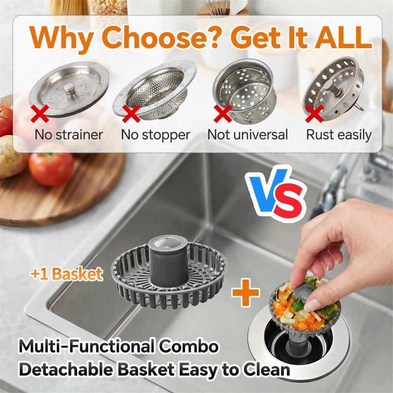 Blazeavian Solid Brass Body 3-in-1 Kitchen Sink Drain Strainer & Stopper, Heavy Duty Pop Up Plug Assembly with 2 Baskets, Anti-Clog Replacement for US Standard 3-1/2 Inch Drains, Rust-Proof Silver - Image 4