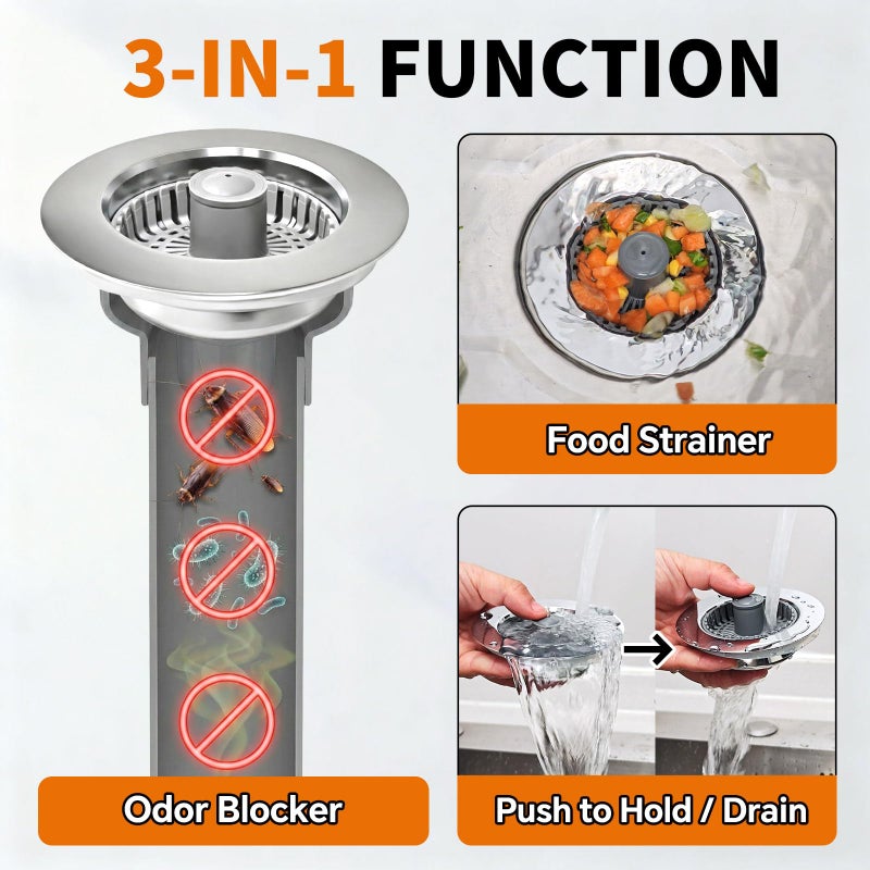 Blazeavian Solid Brass Body 3-in-1 Kitchen Sink Drain Strainer & Stopper, Heavy Duty Pop Up Plug Assembly with 2 Baskets, Anti-Clog Replacement for US Standard 3-1/2 Inch Drains, Rust-Proof Silver - Image 3