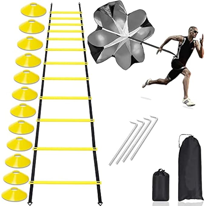 rayihni Speed Agility Training Kit - Includes 12 Rung Agility Ladder, 12 Disc Cones, 4 Steel Stakes, Resistance Parachute With Carry Bag, Use Agility Training Equipment To Improve Footwork Any Sport. - Image 1