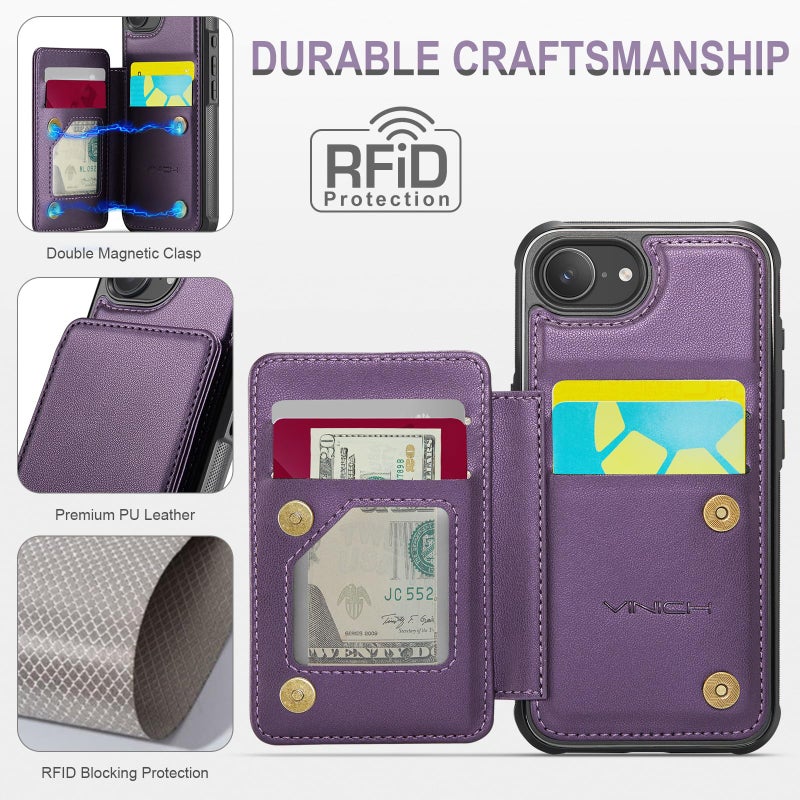 Vinich for iPhone 17e / 16e Wallet Case with Card Holder, RFID Blocking Credit Slots Kickstand Shockproof Phone Cover Fit for iPhone 16e & 17e 6.1" Purple - Image 2