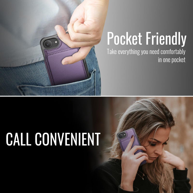 Vinich for iPhone 17e / 16e Wallet Case with Card Holder, RFID Blocking Credit Slots Kickstand Shockproof Phone Cover Fit for iPhone 16e & 17e 6.1" Purple - Image 4