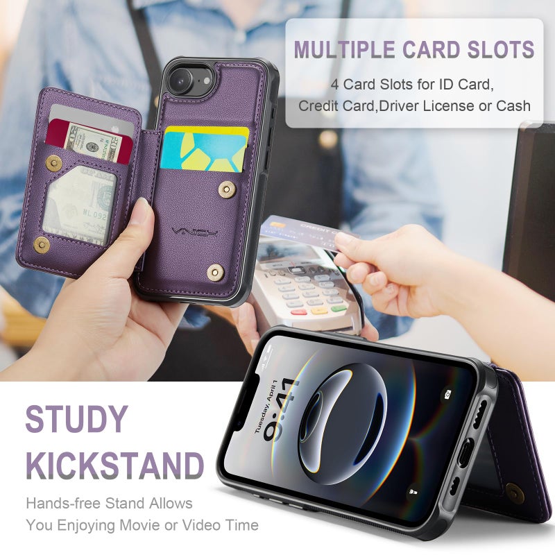 Vinich for iPhone 17e / 16e Wallet Case with Card Holder, RFID Blocking Credit Slots Kickstand Shockproof Phone Cover Fit for iPhone 16e & 17e 6.1" Purple - Image 3