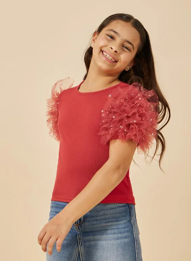 Styli Textured Rib Mesh Puff Sleeve Round Neck Top