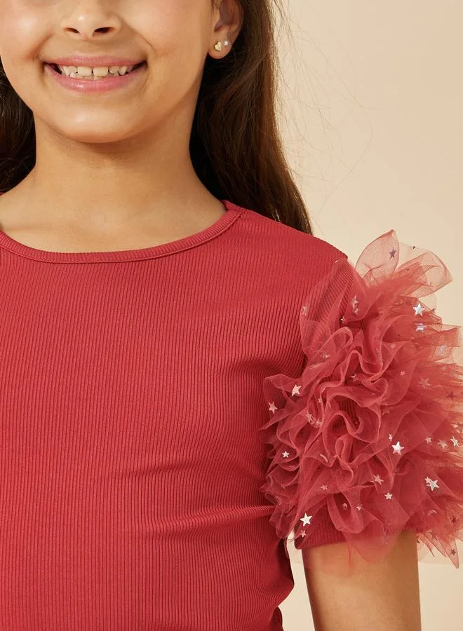 Styli Textured Rib Mesh Puff Sleeve Round Neck Top
