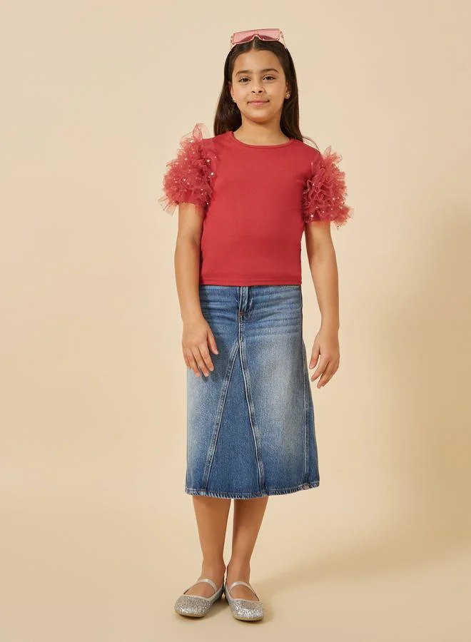 Styli Textured Rib Mesh Puff Sleeve Round Neck Top