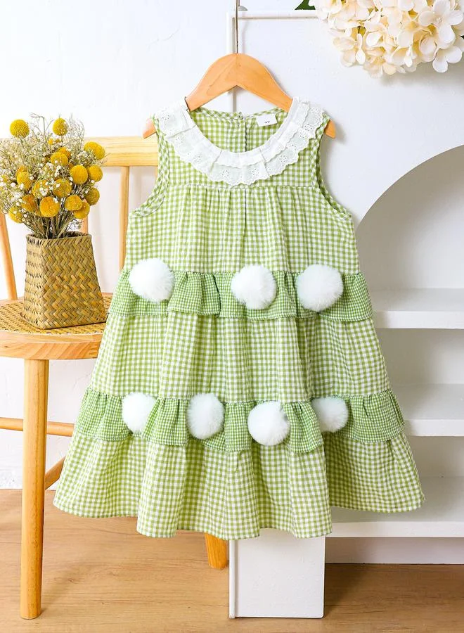 تايك تو فستان مربعات بدون أكمام وتفاصيل كرات صغيرة للأطفال
