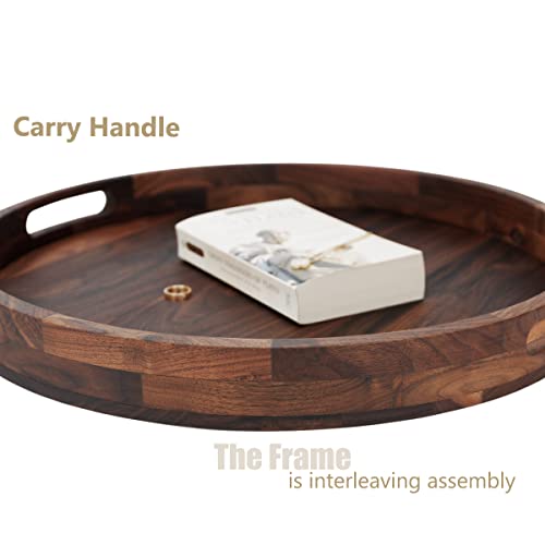 MAGIGO 18 Inches Extra Large Round Black Walnut Wood Ottoman Tray with Handles, Serve Tea, Coffee or Breakfast in Bed, Classic Circular Wooden Decorative Serving Tray - Image 3