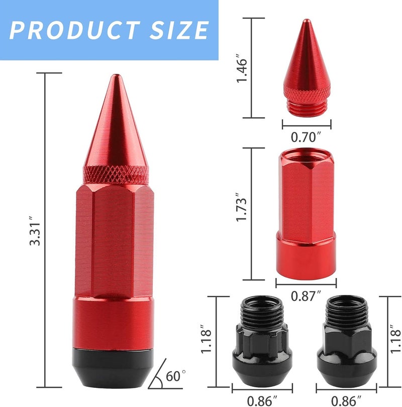 EZPROIT 24Pcs Anti Theft Spikes Extended Tuner Wheel/Rims Lug Nut M14X1.5+Socket (Red) - Image 2