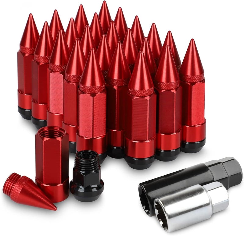 EZPROIT 24Pcs Anti Theft Spikes Extended Tuner Wheel/Rims Lug Nut M14X1.5+Socket (Red) - Image 1