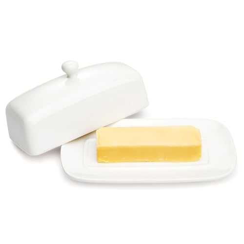 Sweese Butter Dish with Lid, Porcelain Butter Keeper, 7.8 Inch Butter Holder with Handle Cover, Butter Container Perfect for East West Coast Butter, White - Image 1