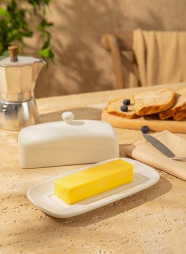 Sweese Butter Dish with Lid, Porcelain Butter Keeper, 7.8 Inch Butter Holder with Handle Cover, Butter Container Perfect for East West Coast Butter, White - Image 4