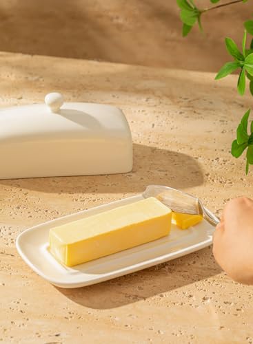 Sweese Butter Dish with Lid, Porcelain Butter Keeper, 7.8 Inch Butter Holder with Handle Cover, Butter Container Perfect for East West Coast Butter, White - Image 5