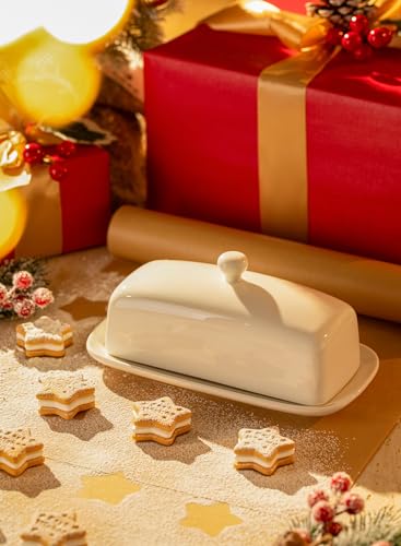 Sweese Butter Dish with Lid, Porcelain Butter Keeper, 7.8 Inch Butter Holder with Handle Cover, Butter Container Perfect for East West Coast Butter, White - Image 3