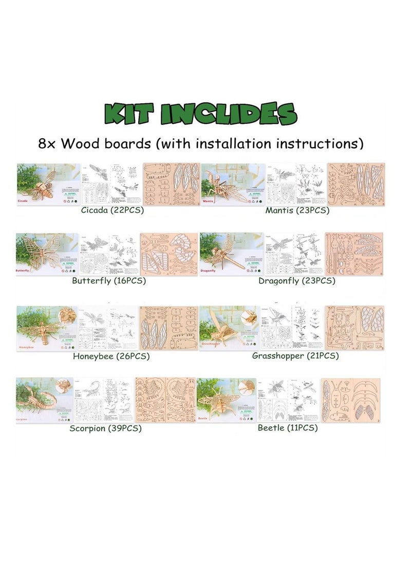 3D Wooden Insect Puzzle 8 Piece Set Animal Skeleton Assembly Model Puzzle DIY Crafts Toys Gifts for Kids and Adults Teens Boys Girls