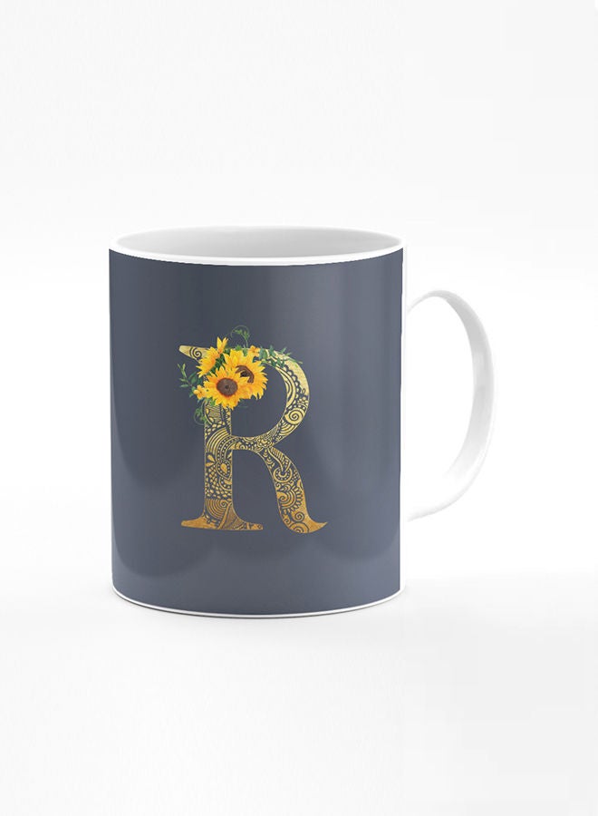 Designer Printed Coffee Mug 11oz Ceramic Personalised Gift Mugs Cup Custom Monogram Initial Letter Floral Pattern Alphabet R (Bright Grey)