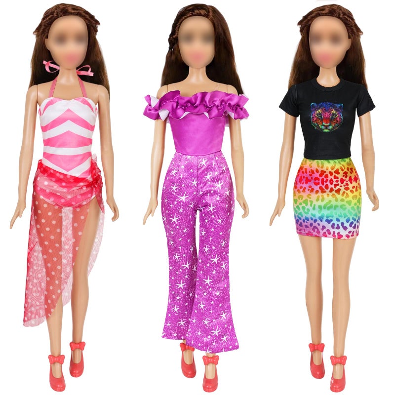 Ecore Fun 3 Sets 28 Inch Doll Clothes Casual Outfits for 28 Inch Girl Dolls Quality 28 Doll Fashion Clothing Set Pink Striped Swimsuit Purple Sparkly Jumpsuit Top Skirt Set - Image 3