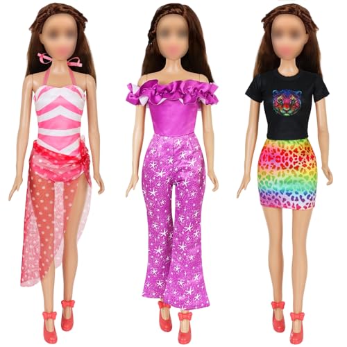 Ecore Fun 3 Sets 28 Inch Doll Clothes Casual Outfits for 28 Inch Girl Dolls Quality 28 Doll Fashion Clothing Set Pink Striped Swimsuit Purple Sparkly Jumpsuit Top Skirt Set - Image 1