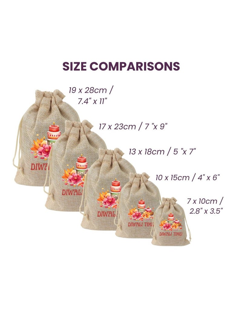 PRINTSHOP4ME Diwali Burlap Gift Bags-Set Of 12 Bags Reusable Gift Bags For Festive&Return Gifts Perfect For Diwali Celebrations Jute Bag For Sweets,Jewelry,Dry Fruits  - Image 2