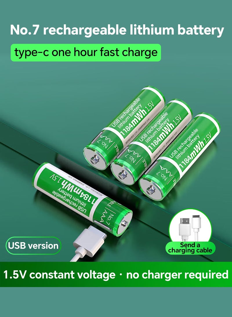 Delipow بطاريات AAA قابلة للشحن USB-C، بطاريات ليثيوم رقم 7، 1184mWh، مع كابل شحن Type-C، جهد ثابت 1.5 فولت، أكثر من 1200 دورة شحن. بطاريات AAA قابلة للشحن لجهازات التحكم عن بعد والأجهزة الإلكترونية المنزلية وأجهزة الألعاب (أربع بطاريات) - Image 1