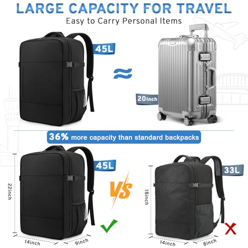 ZOMFELT Travel Backpack for Women Men, 45L Carry On Backpack Luggage 22x14x9 Airline Approved, TSA 15.6inch Laptop Backpack Personal Item Travel Bag, Water Resistant Mochila For Business Work, Black - Image 2