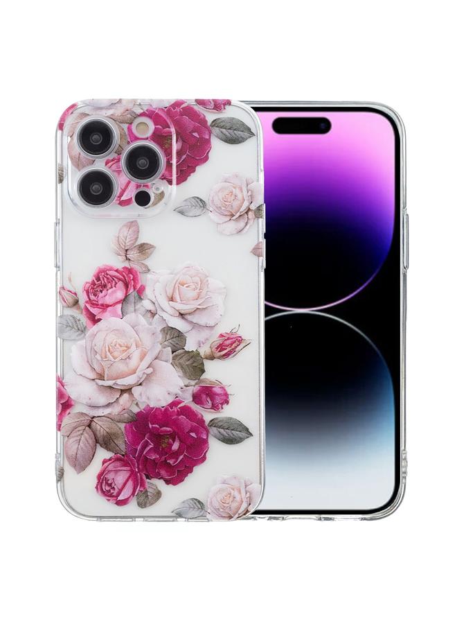 For iPhone 14 Pro Max Colored Drawing Pattern Transparent TPU Phone Case(Peony)