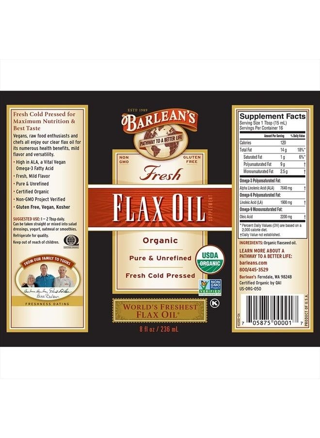 BARLEAN'S - Organic Flaxseed Oil Liquid from Fresh Cold Pressed Flax Seeds, 7,640mg ALA Omega 3 Fatty Acid Supplement for Skin and Hair Care, Vegan & Gluten Free, 8 oz - Image 1