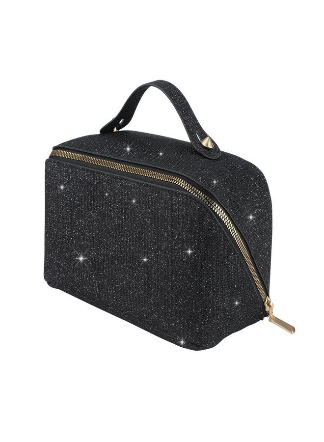 KEYPOWER Large Capacity Glitter Sequin Cosmetic Bag Travel Makeup Bag Sparkly and Shiny Portable Toiletry Bag with Handle for Women (Black) - Image 1