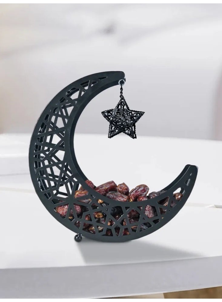 Ramadan Crescent Moon & Star Metal Tray, Ornate Lattice Storage Basket for Dates, Snacks & Eid Decor - Image 1