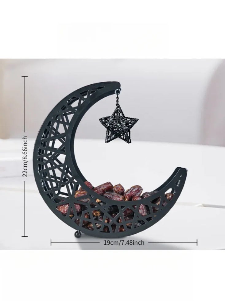 Ramadan Crescent Moon & Star Metal Tray, Ornate Lattice Storage Basket for Dates, Snacks & Eid Decor - Image 2