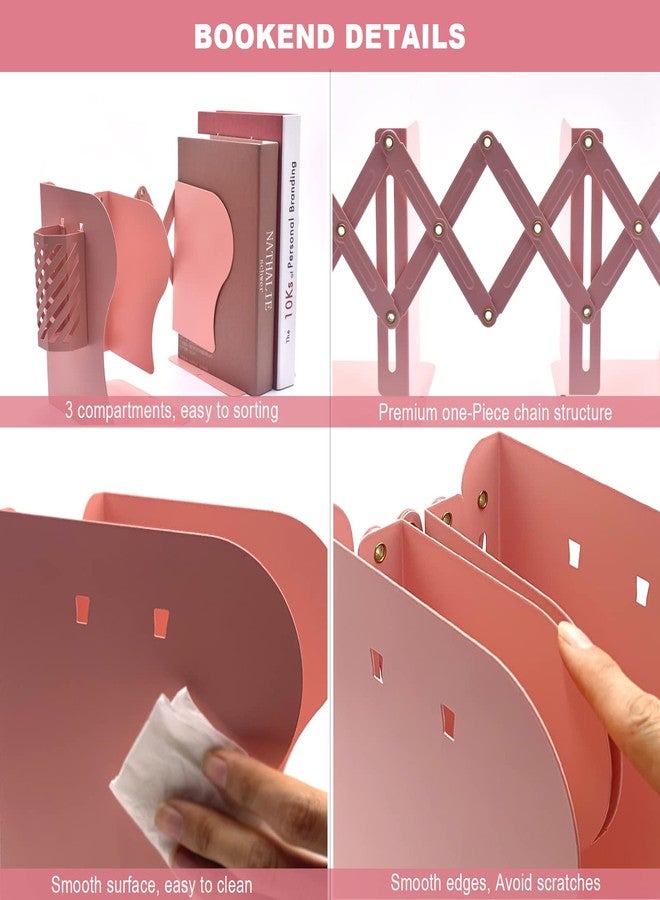 Hmseng Book Ends, Adjustable Bookends Book Holders for Shelves, Desk Magazine File Organizer Holder for Office, Books, Papers, Extends up to 19 inches.Scratch-Resistant Hand Coating-Pink - Image 4