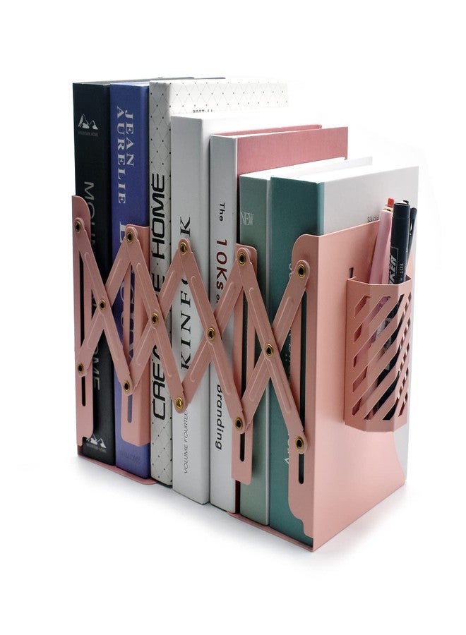 Hmseng Book Ends, Adjustable Bookends Book Holders for Shelves, Desk Magazine File Organizer Holder for Office, Books, Papers, Extends up to 19 inches.Scratch-Resistant Hand Coating-Pink - Image 1