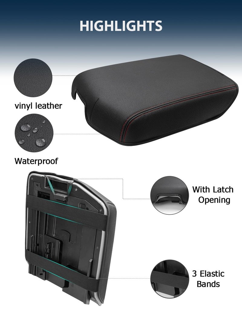 Eaglecover Center Console Cover for Toyota Tundra Accessories 2007-2013 & Toyota Sequoia 2008-2022, Vinyl Leather Car Armrest Protector, Anti-Scratch, Black with Red Stitching - Image 5