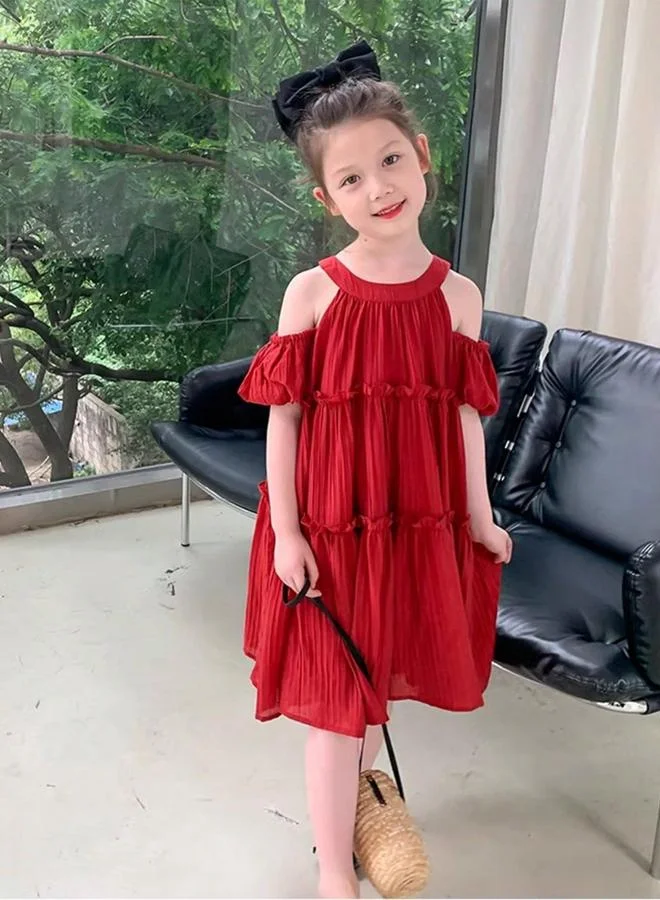 Take Two Girls Solid Cold Shoulder Sleeve Ruffled Dress