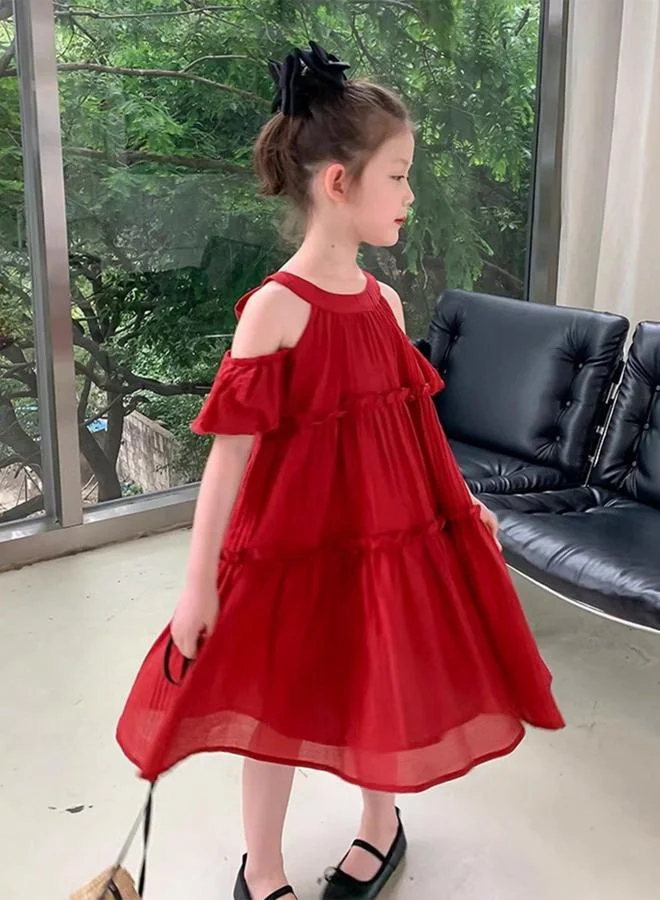 Take Two Girls Solid Cold Shoulder Sleeve Ruffled Dress