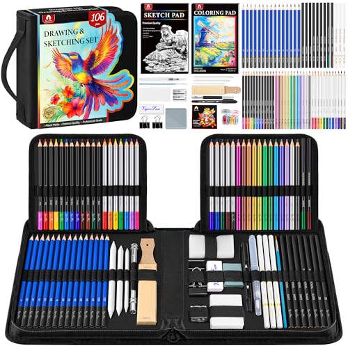 106 قطعة مجموعة أدوات الرسم مجموعة أقلام الرسم الاحترافية مع دفتر رسم 3 ألوان كتاب تلوين أقلام جرافيت ملونة فحم ألوان مائية أقلام معدنية أدوات الرسم هدايا للفنانين البالغين والأطفال