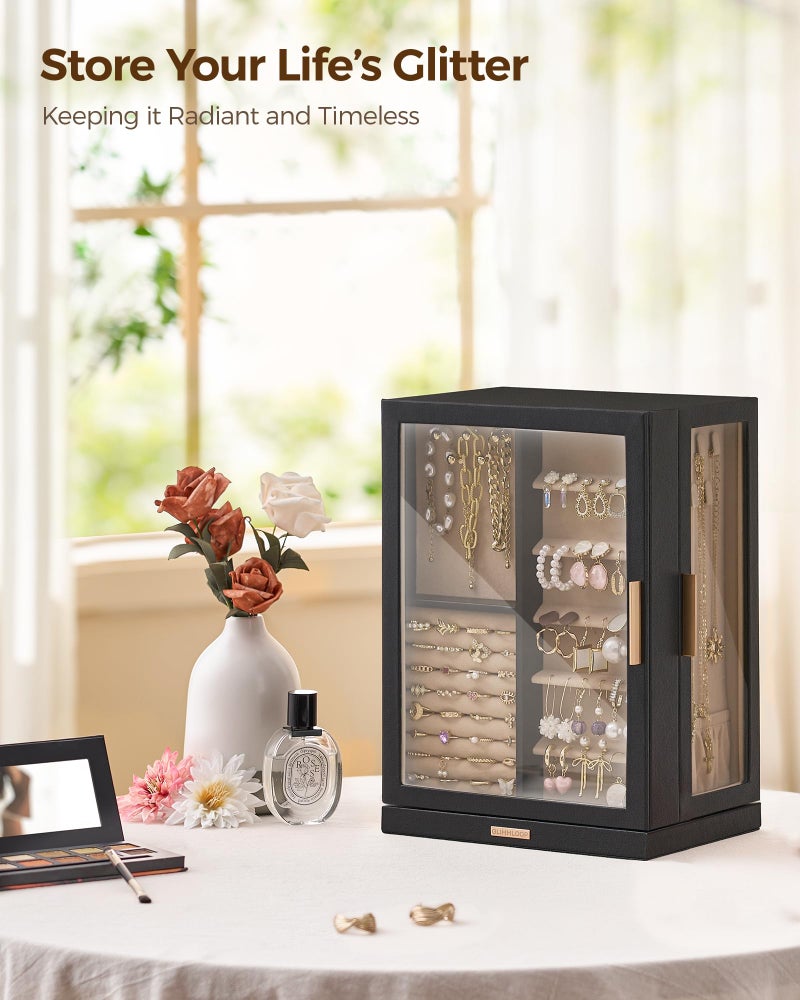 Glimmloop 360Â° Rotating Jewelry Box with 7 Drawers, Spacious Vertical Jewelry Organizer with Glass Window, Jewelry Storage Case, Dustproof & Moisture-resistant Design, Black - Image 2