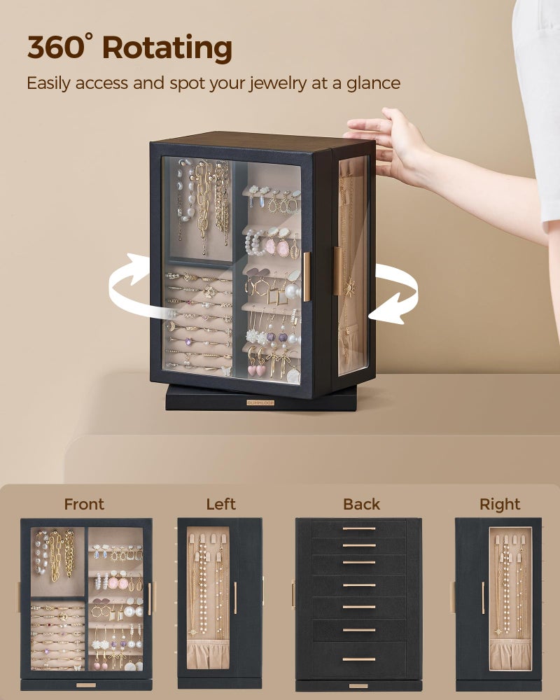 Glimmloop 360Â° Rotating Jewelry Box with 7 Drawers, Spacious Vertical Jewelry Organizer with Glass Window, Jewelry Storage Case, Dustproof & Moisture-resistant Design, Black - Image 4
