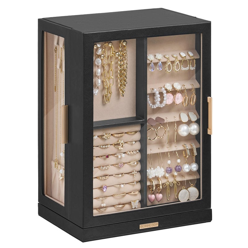 Glimmloop 360Â° Rotating Jewelry Box with 7 Drawers, Spacious Vertical Jewelry Organizer with Glass Window, Jewelry Storage Case, Dustproof & Moisture-resistant Design, Black - Image 1